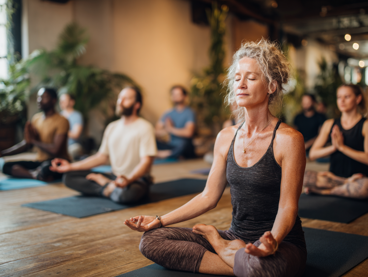 Інструктор демонструє техніку дихання під час групового заняття